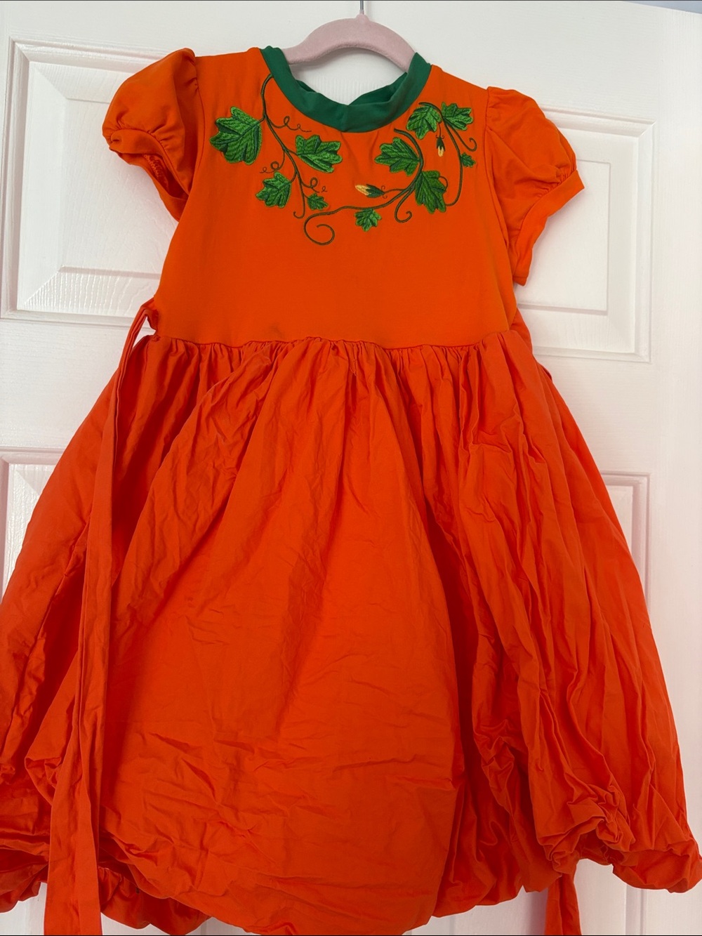 Only Little Ones Orange Pumpkin Kids Dress with Green Vine Embroidery